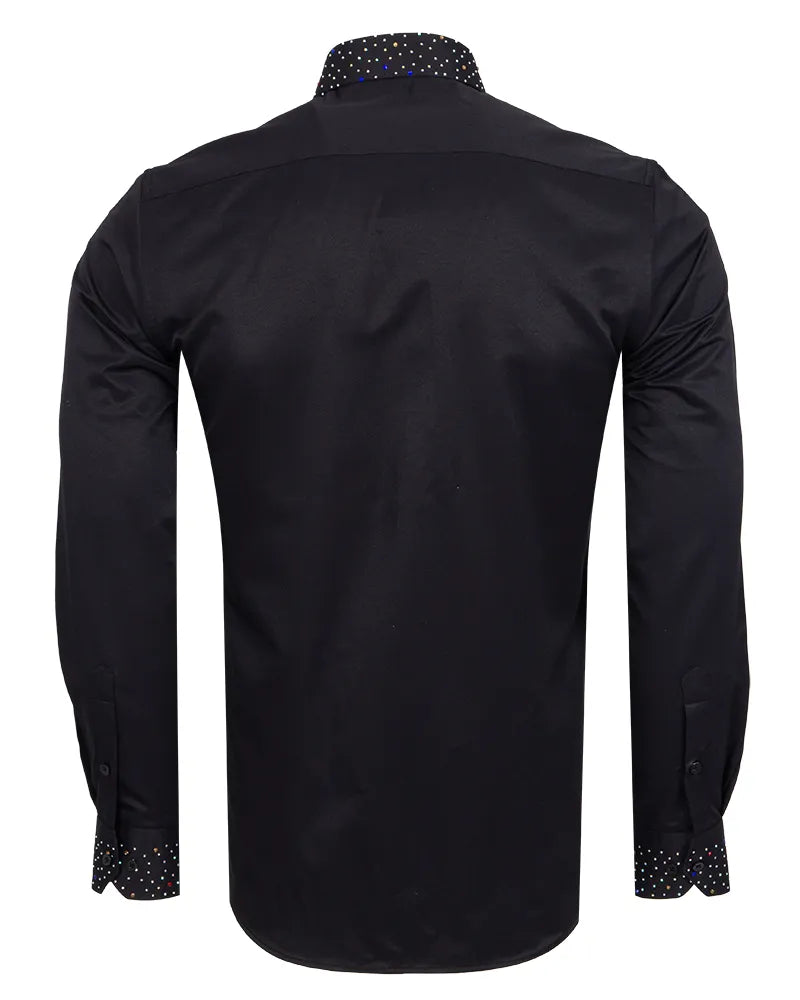 Men’s Black Dress Shirt with Crystal-Studded Collar and Cuffs-Makrom