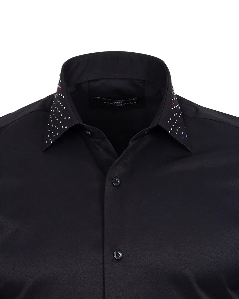 Men’s Black Dress Shirt with Crystal-Studded Collar and Cuffs-Makrom