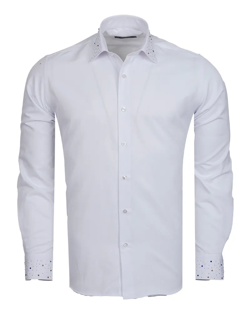 Men’s White Dress Shirt with Crystal-Studded Collar and Cuffs-Makrom