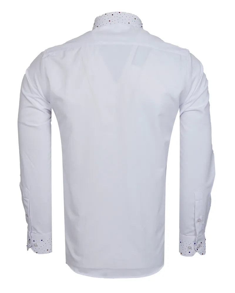 Men’s White Dress Shirt with Crystal-Studded Collar and Cuffs-Makrom