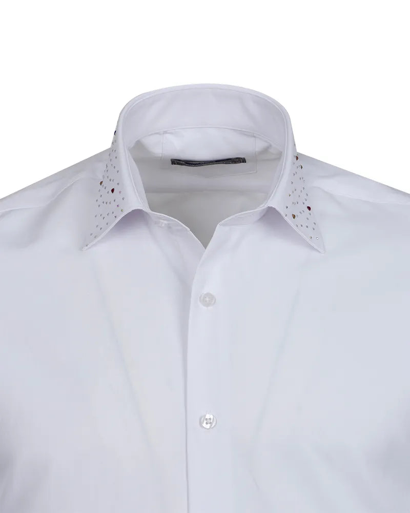 Men’s White Dress Shirt with Crystal-Studded Collar and Cuffs-Makrom