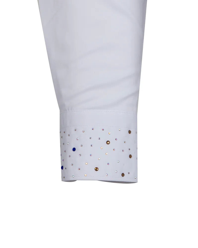 Men’s White Dress Shirt with Crystal-Studded Collar and Cuffs-Makrom
