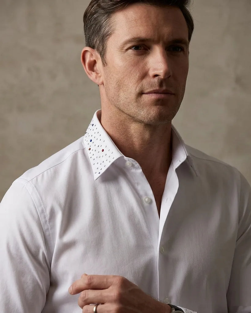 Men’s White Dress Shirt with Crystal-Studded Collar and Cuffs