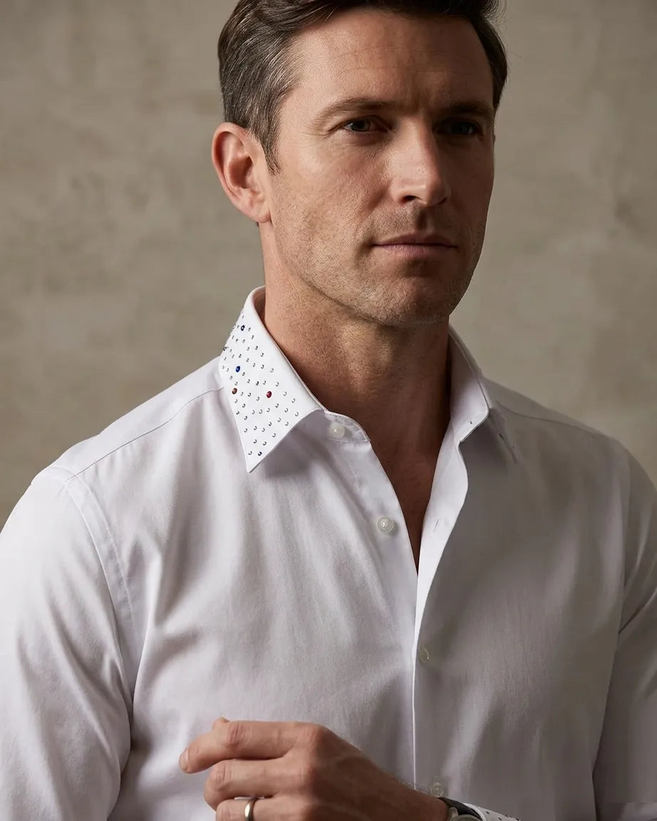 Men’s White Dress Shirt with Crystal-Studded Collar and Cuffs