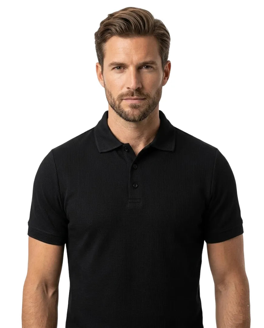 Midnight Black Textured Knit Cotton Polo-Makrom