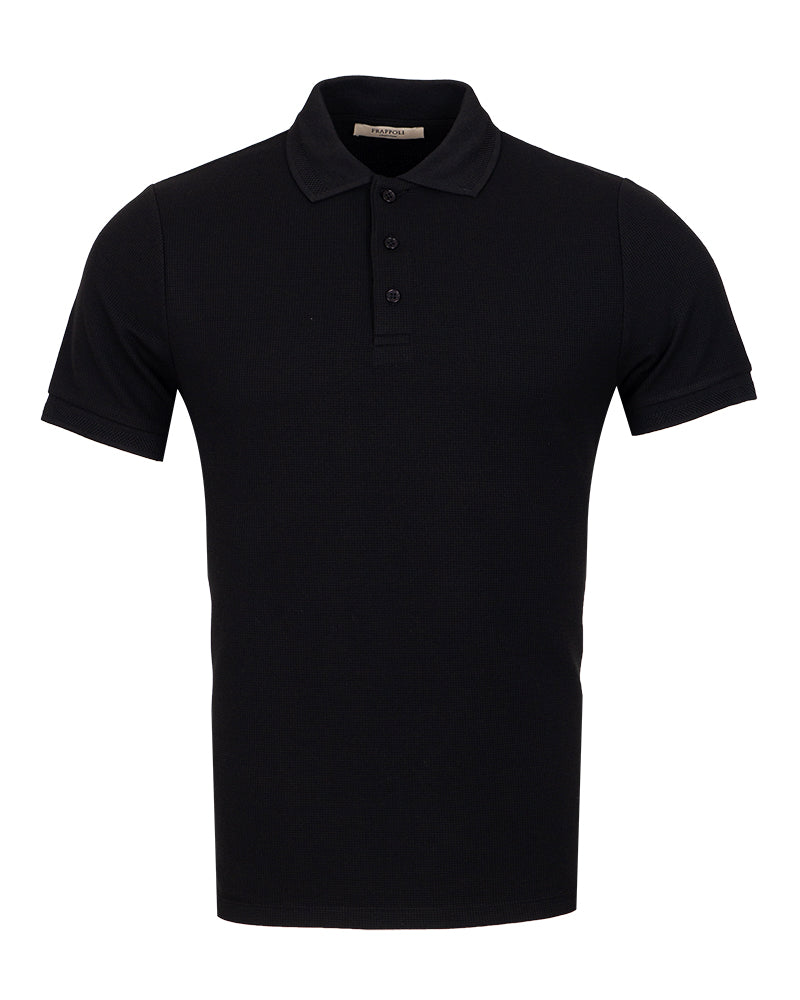 Midnight Black Textured Knit Cotton Polo-Makrom