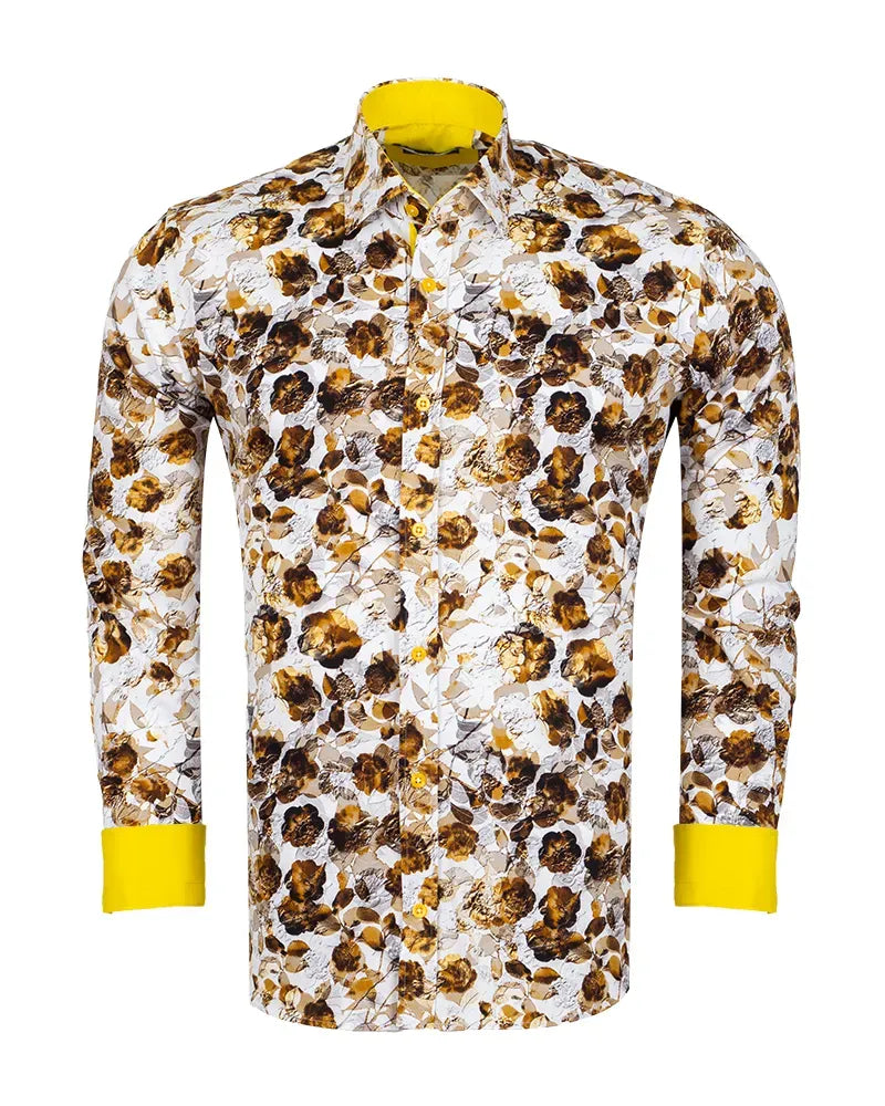 Patterned shirt with yellow accents on a white background
