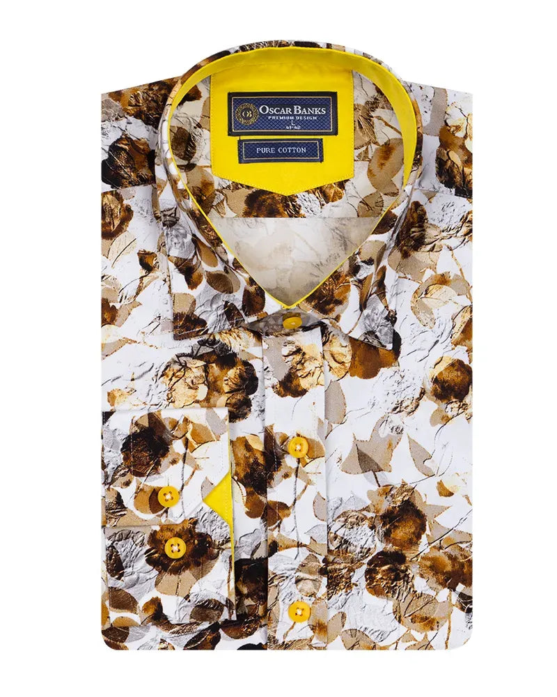 Floral patterned shirt with yellow accents and 'Oscar Banks' label on a white background