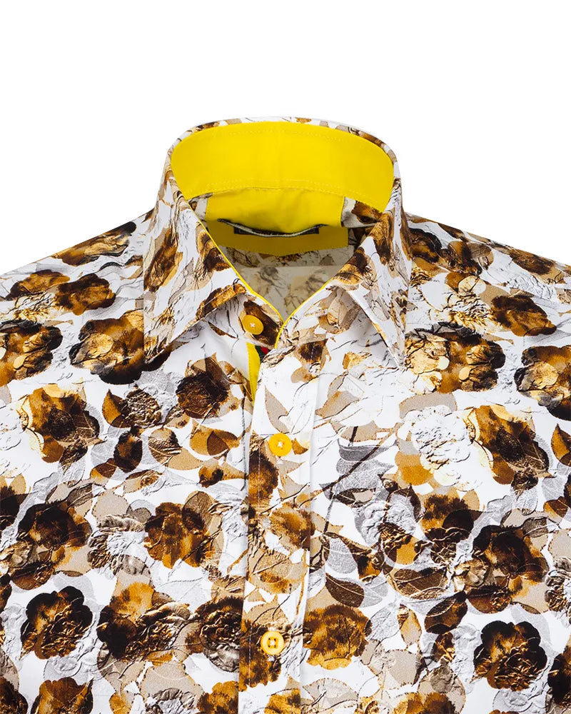 Floral patterned shirt with a yellow collar on a white background