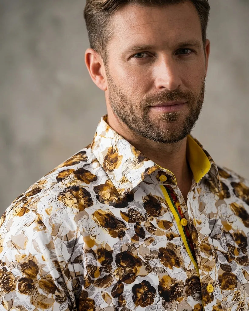 Mustard Floral Cotton Shirt with Matching Handkerchief
