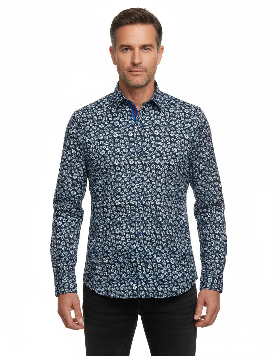 Navy Floral Pattern Print Shirt-Makrom
