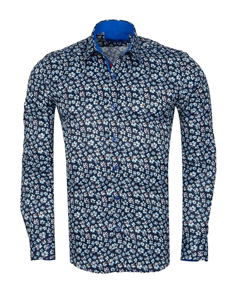 Navy Floral Pattern Print Shirt-Makrom