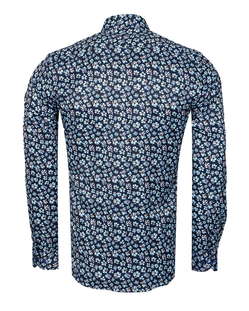 Navy Floral Pattern Print Shirt-Makrom