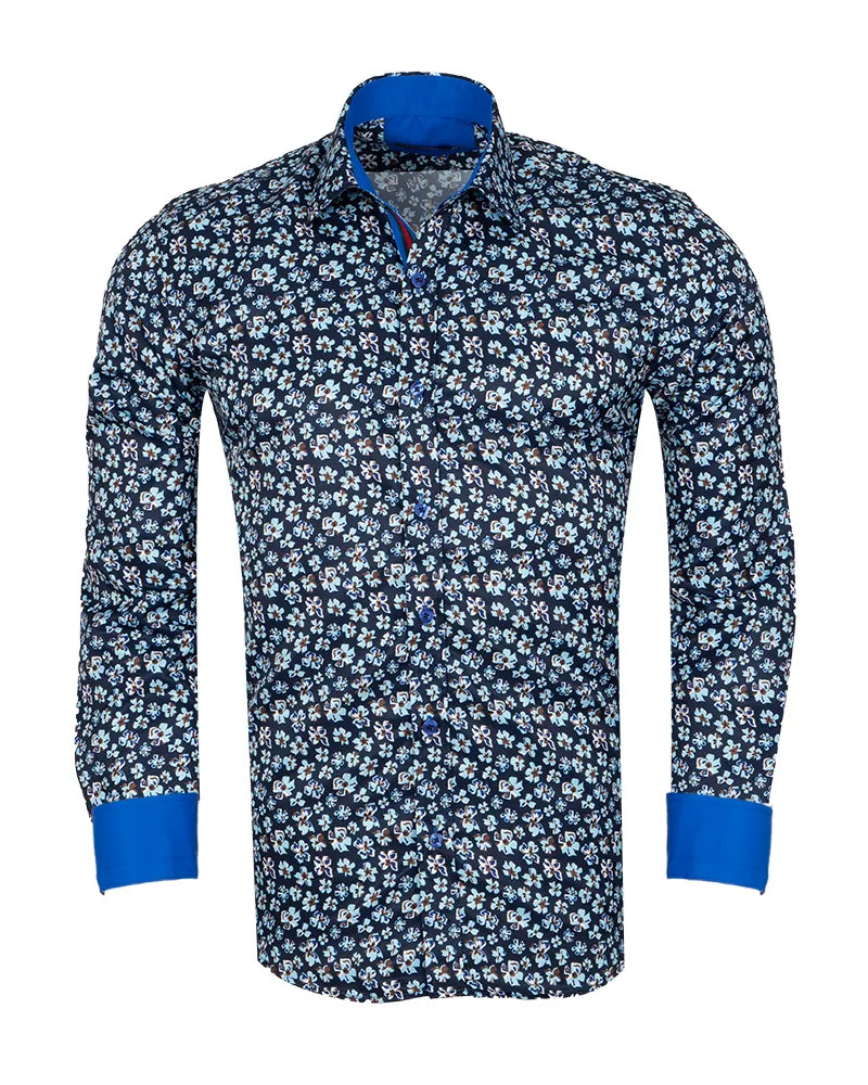 Navy Floral Pattern Print Shirt-Makrom