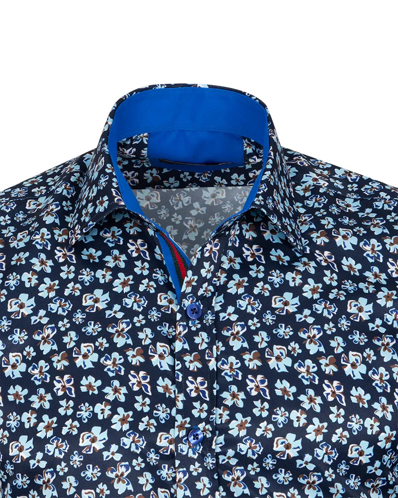 Navy Floral Pattern Print Shirt-Makrom