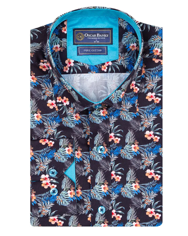 Floral patterned shirt with a visible brand label on a white background