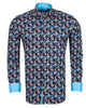 Floral patterned shirt with blue accents on a white background
