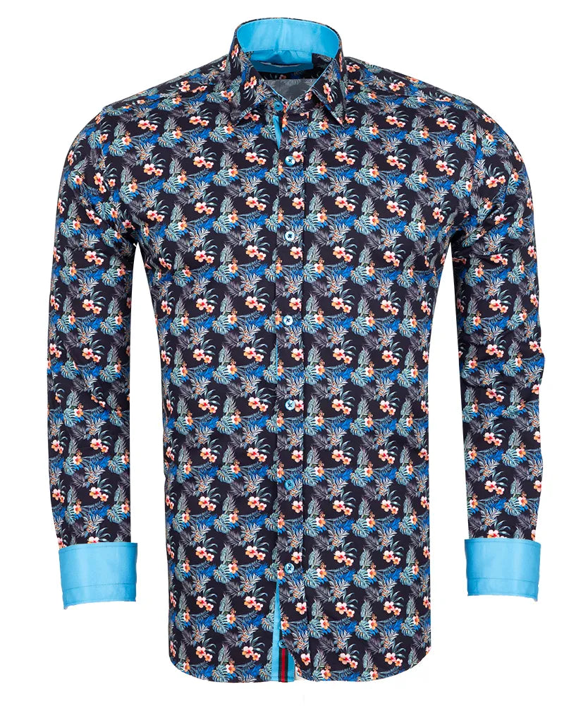 Floral patterned shirt with blue accents on a white background