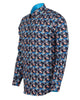 Floral patterned shirt with blue collar on a white background