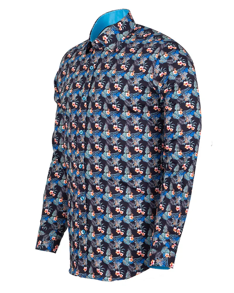 Floral patterned shirt with blue collar on a white background