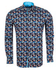 Floral patterned shirt with a blue collar on a white background