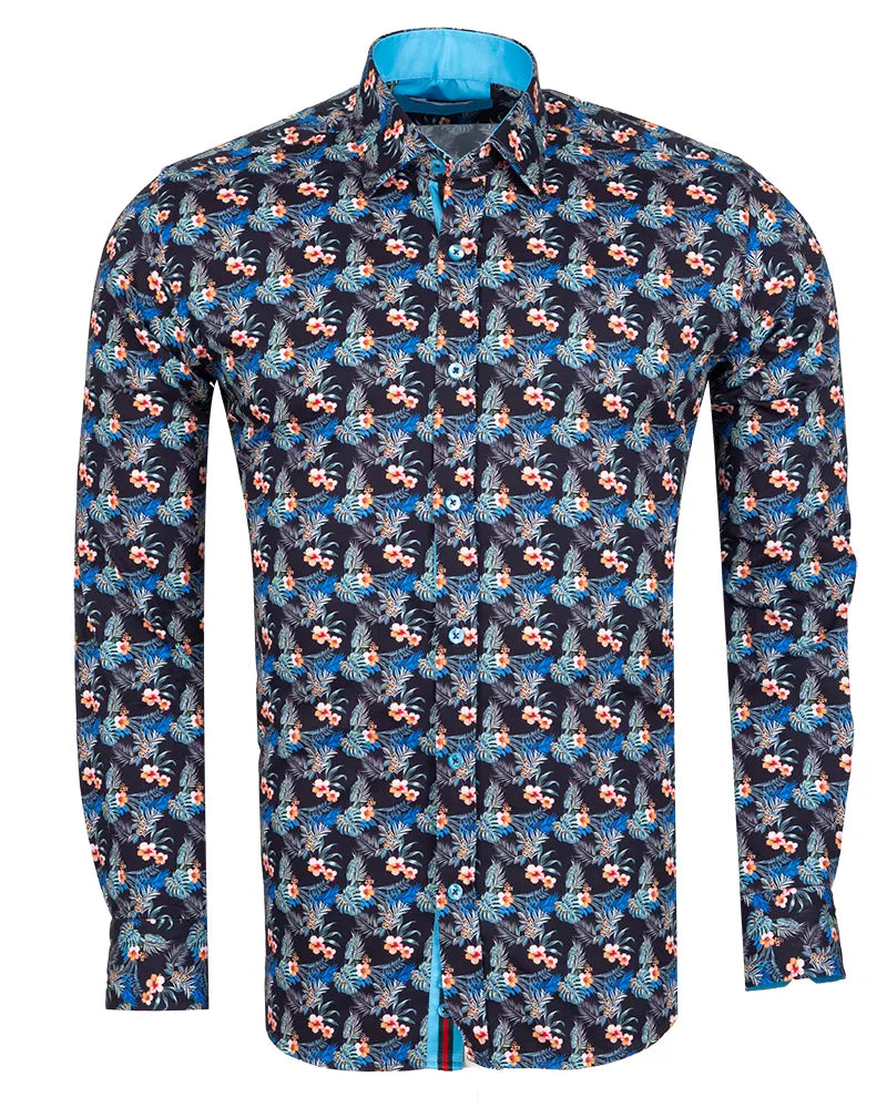 Floral patterned shirt with a blue collar on a white background