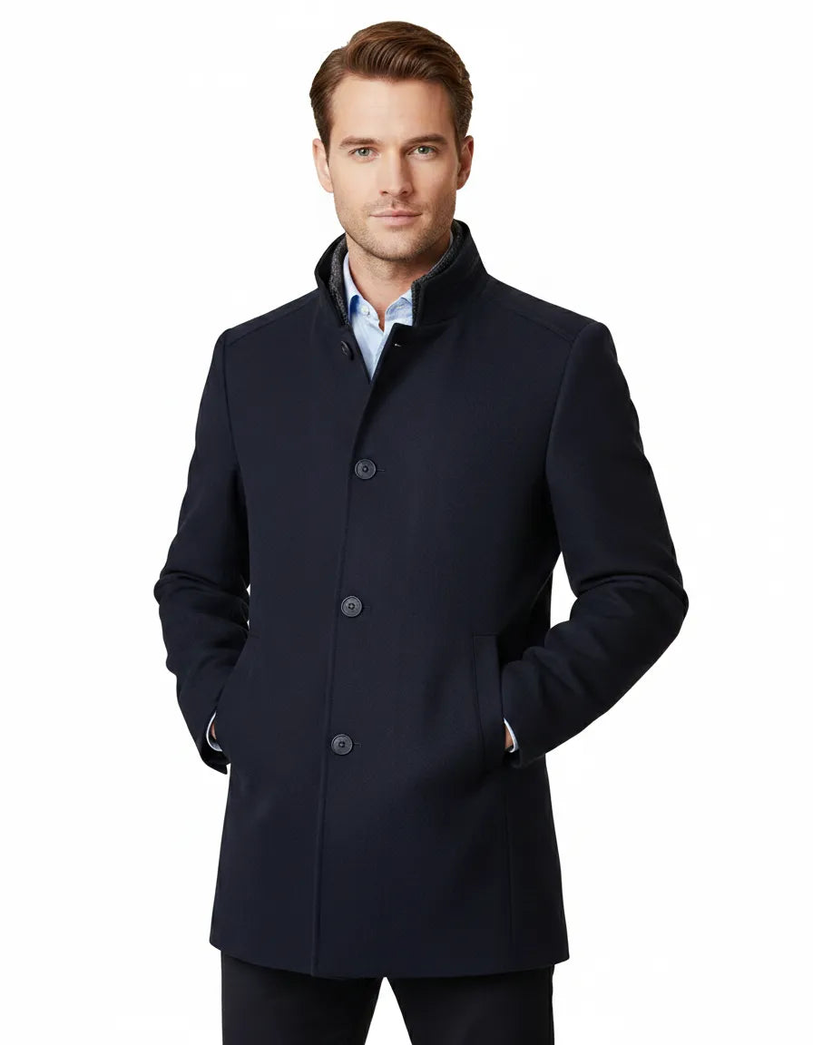 Navy Men's Overcoat with Removable Inner Layer-Makrom