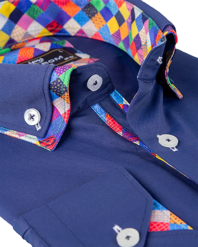 Navy Plain Double Collar Shirt with Multicoloured Trim-Makrom