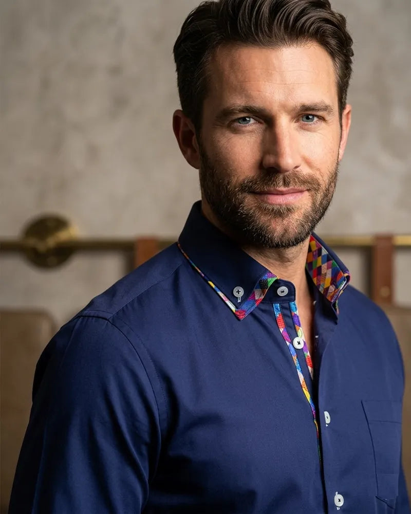 Navy Plain Double Collar Shirt with Multicoloured Trim
