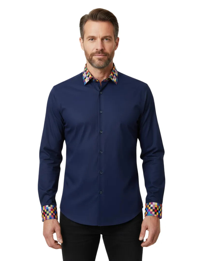 Navy Plain Shirt with Multicoloured Trim-Makrom