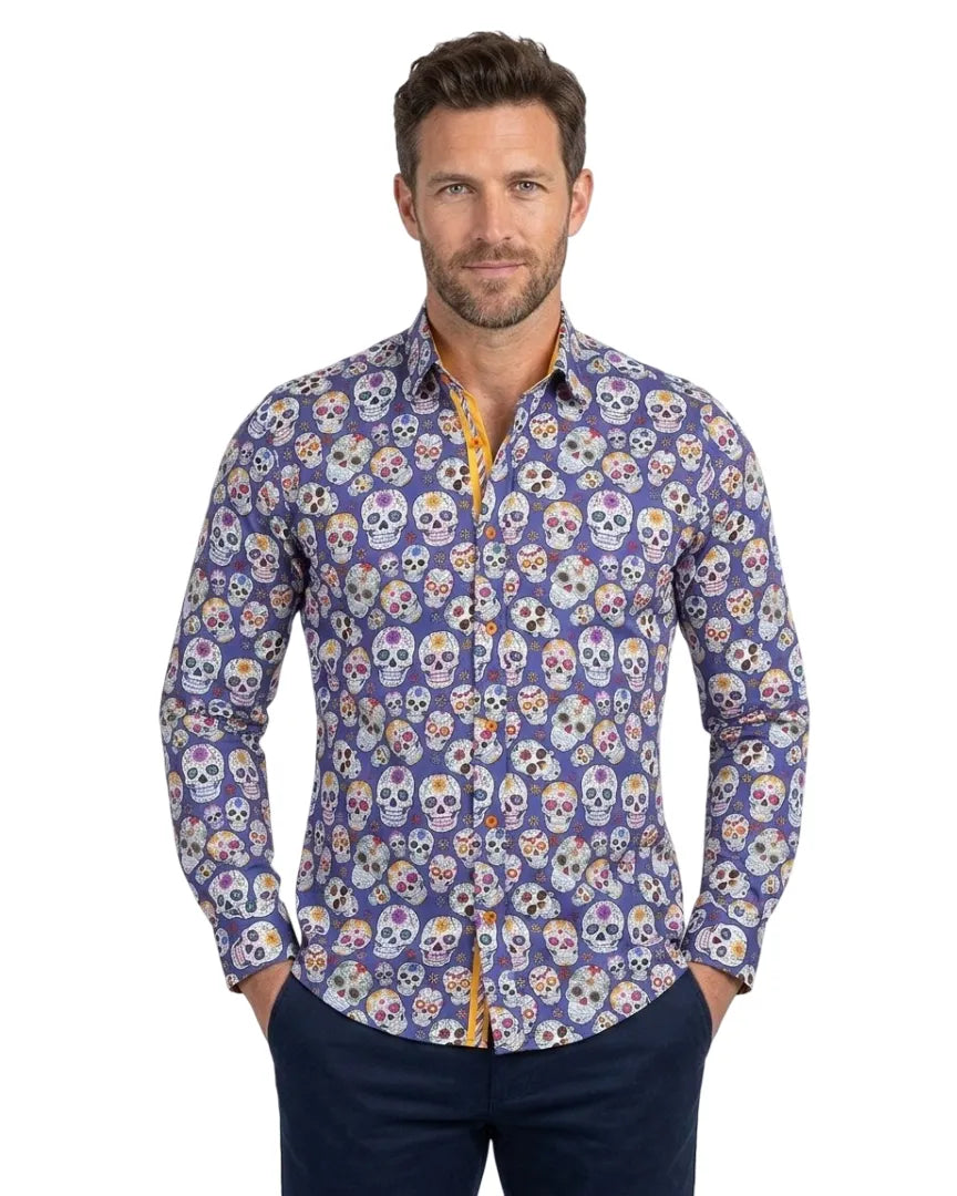 Dark Blue day of the dead Skull Print Shirt with Matching Handkerchief