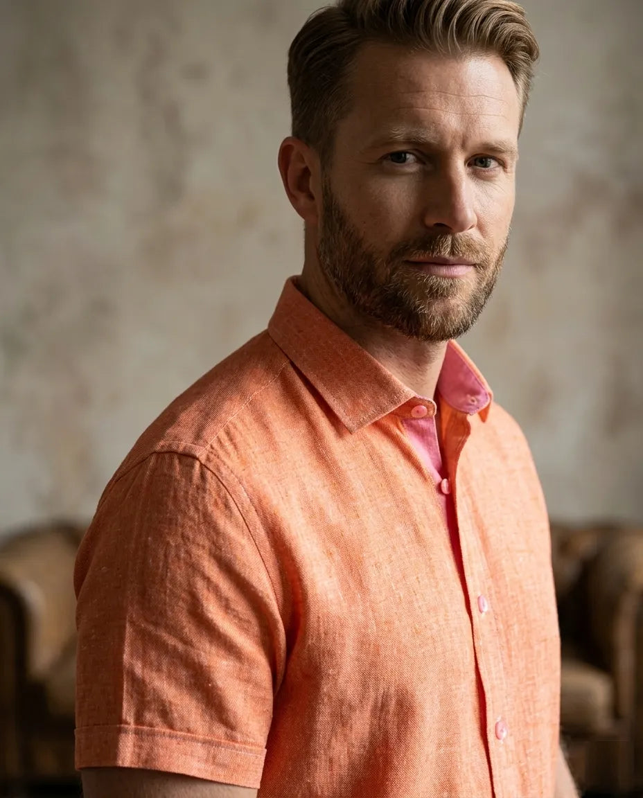 Man wearing an orange shirt with a blurred background