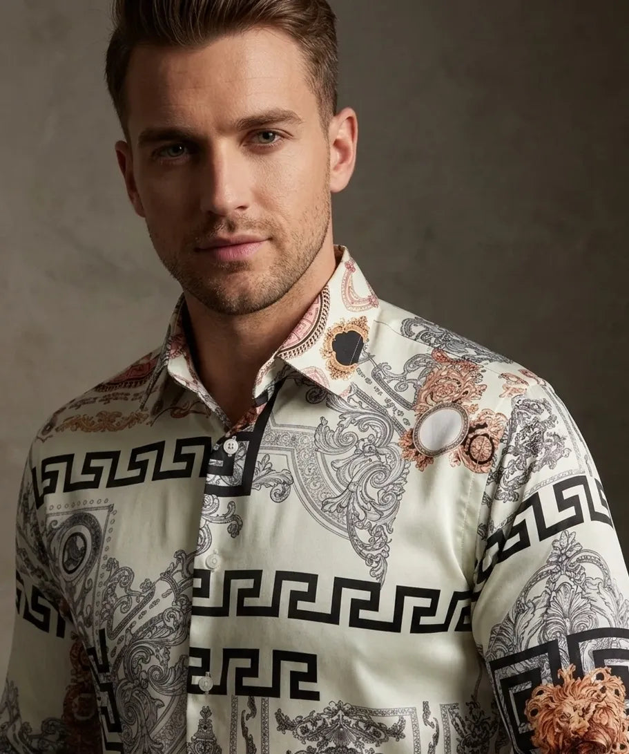 Oscar Banks Premium Cream Satin Baroque Print Dress Shirt