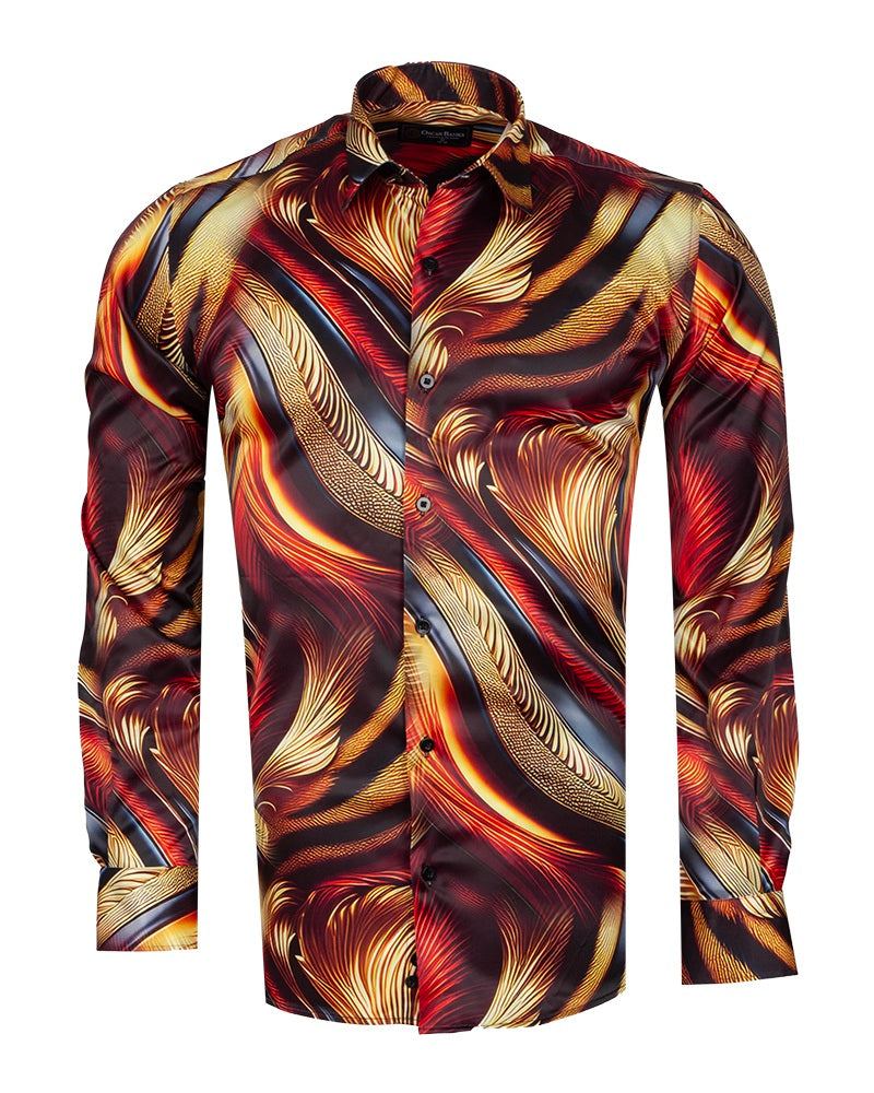 Oscar Banks Premium Satin Abstract Flame Pattern Print Shirt-Makrom