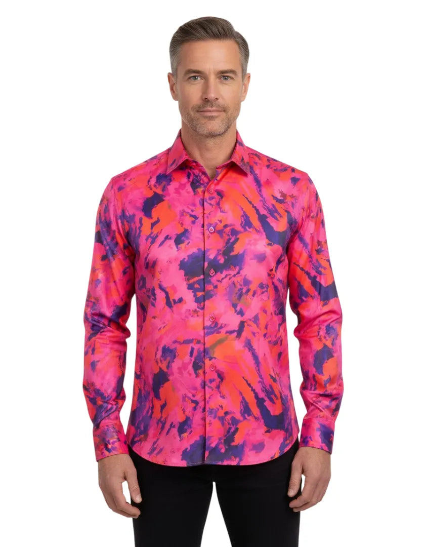 Oscar Banks Premium Satin Bold Abstract Print Dress Shirt-Makrom
