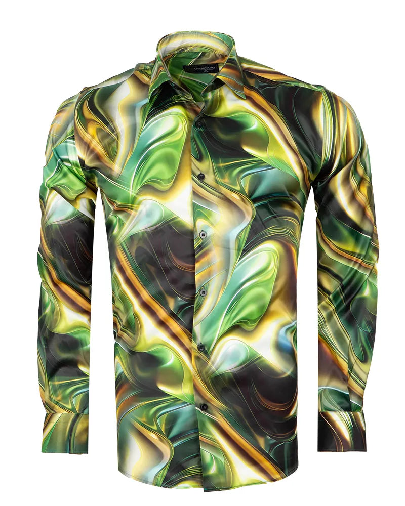 Oscar Banks Premium Satin Green Marble Print Shirt-Makrom