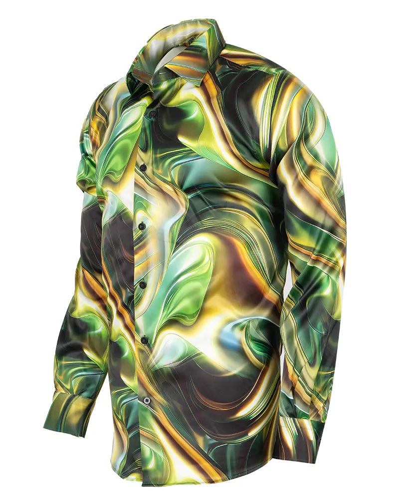 Oscar Banks Premium Satin Green Marble Print Shirt-Makrom