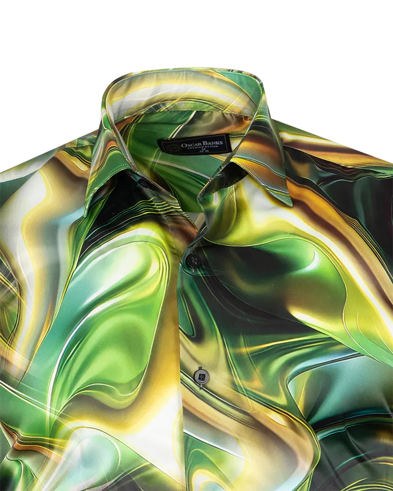 Oscar Banks Premium Satin Green Marble Print Shirt-Makrom
