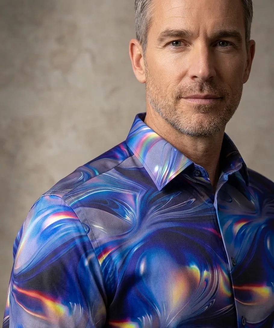 Oscar Banks Premium Satin Purple Marble Print Shirt