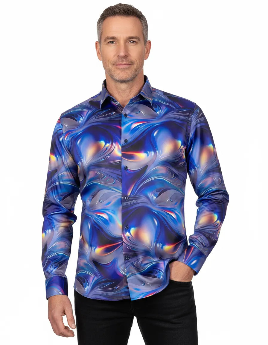 Oscar Banks Premium Satin Purple Marble Print Shirt-Makrom