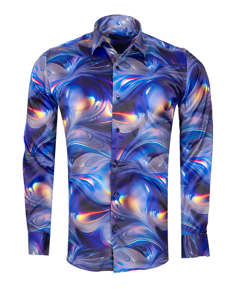 Oscar Banks Premium Satin Purple Marble Print Shirt-Makrom