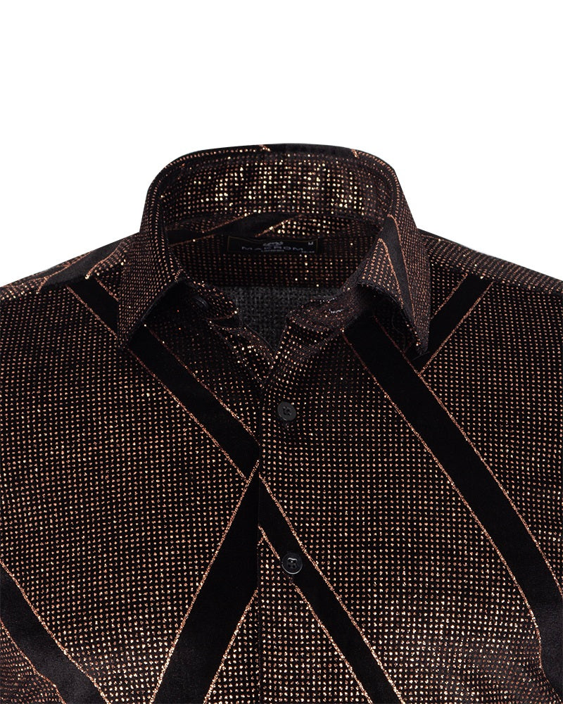 Oscar Banks Premium Shiny Black and Bronze Geometric Pattern Shirt-Makrom