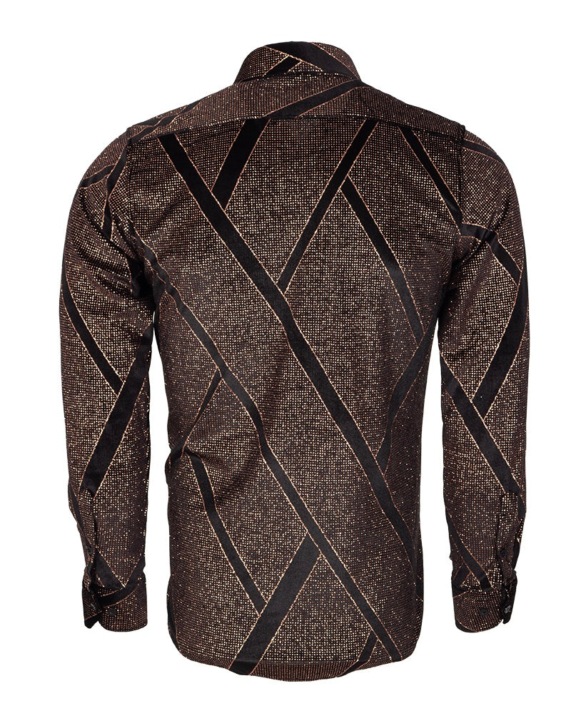 Oscar Banks Premium Shiny Black and Bronze Geometric Pattern Shirt-Makrom