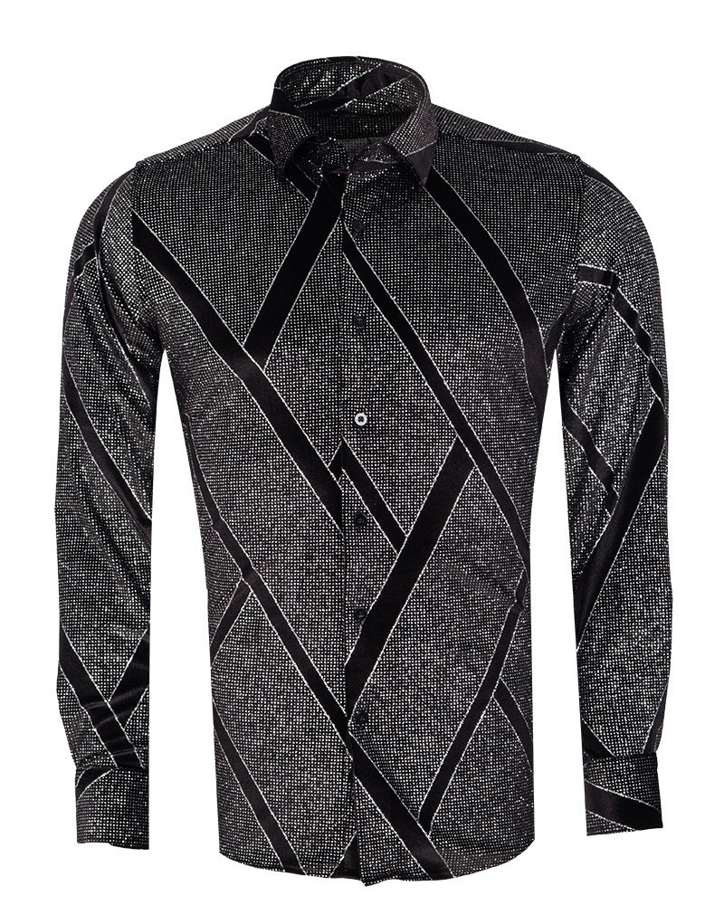 Oscar Banks Premium Shiny Black and Grey Geometric Pattern Shirt-Makrom
