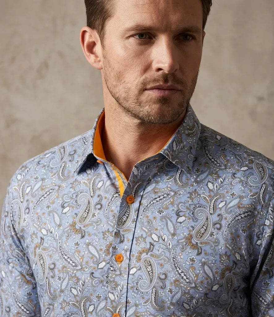 Paisley Print Light Blue Shirt with Matching Handkerchief