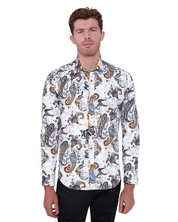 Paisley Print Yellow Detail on Collar Long Sleeve Shirt-Makrom