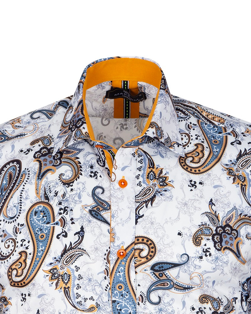 Paisley Print Yellow Detail on Collar Long Sleeve Shirt-Makrom
