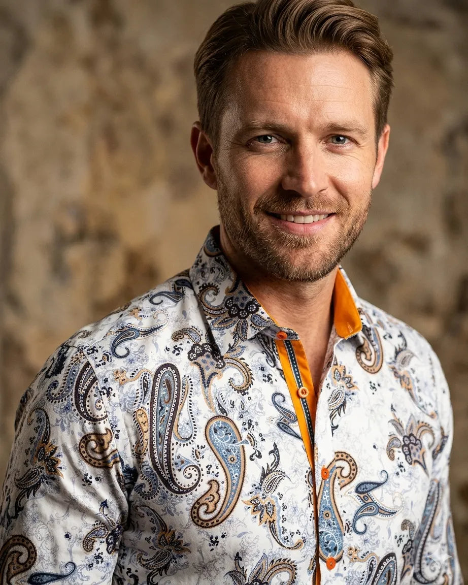 Paisley Print Yellow Detail on Collar Long Sleeve Shirt