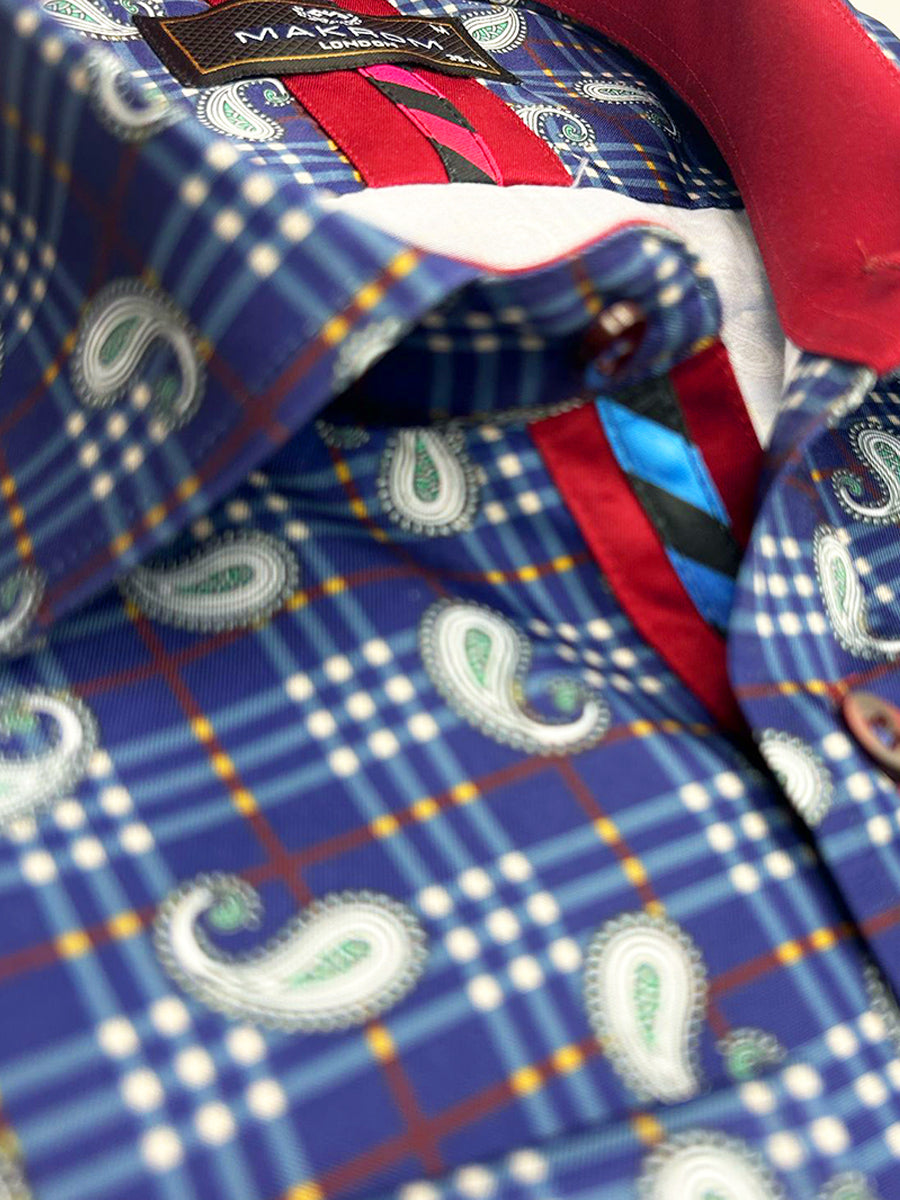 Dark Blue Plaid Tartan Paisley Print Shirt