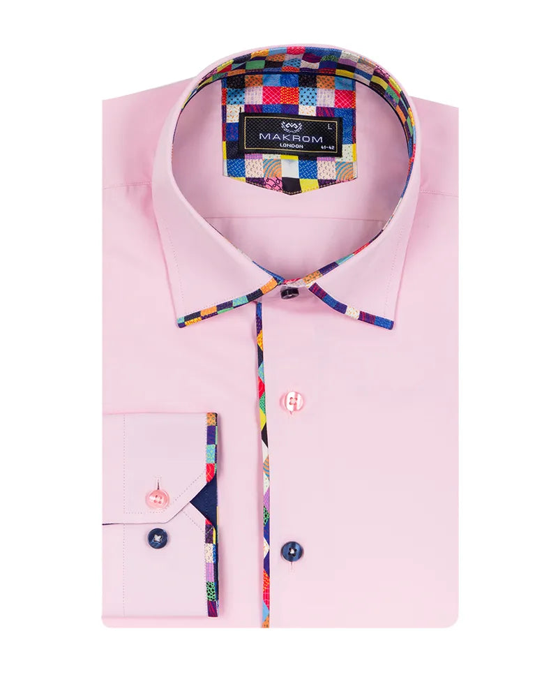 Pink Fashion Shirt with Multicolour Collar Tip Design-Makrom